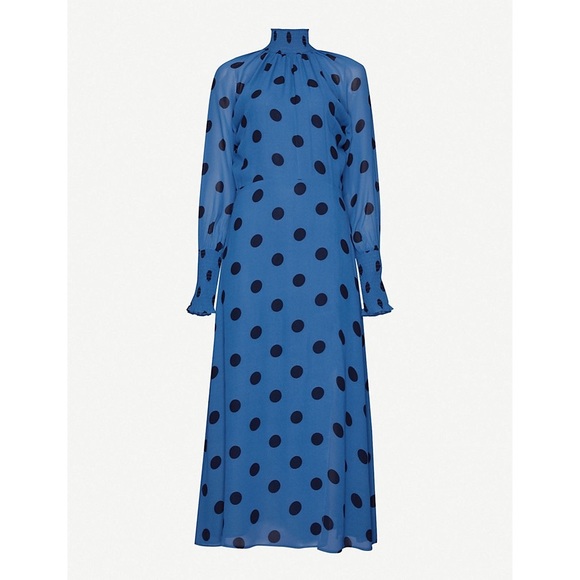 Reformation Valentin Blue & Black Polka-dot High Neck Midi Dress - Picture 11 of 14